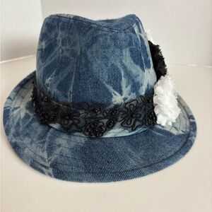 Vtg Y2K denim fedora hat with lace, beads, and rosettes